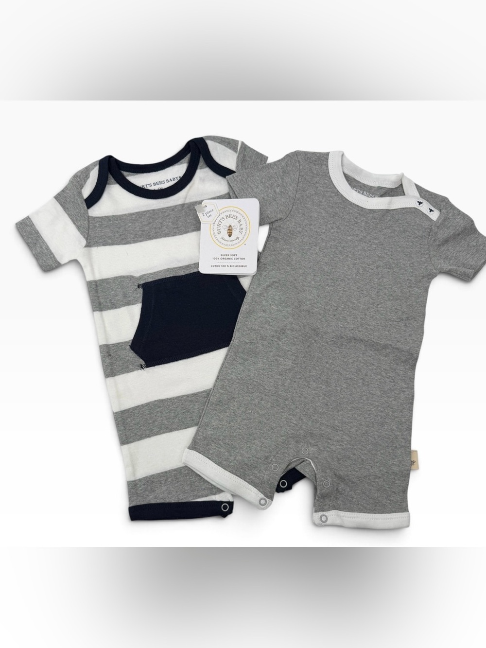 Burt's Bees Baby Gray, White & Navy Short-Sleeve Romper 2-Pack